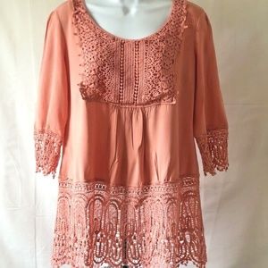 Buckle Crochet Trim Boho Tunic Blouse